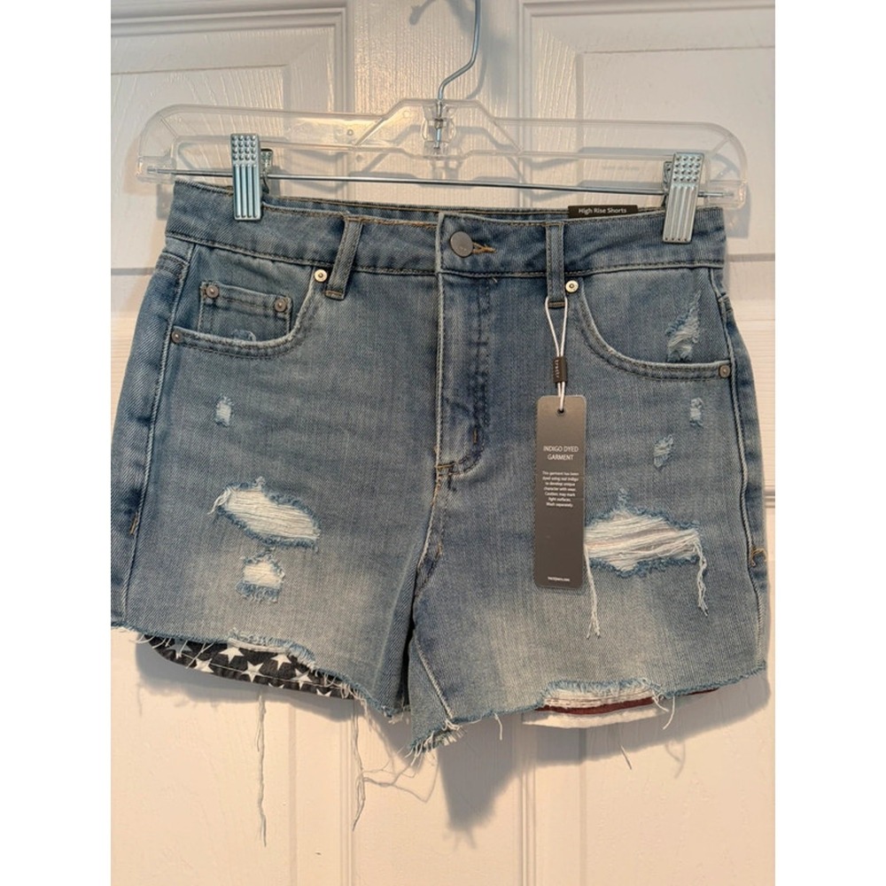 Tractr High Rise Distressed Denim Shorts Blue Americana Flag Raw Hem Size 10 NWT